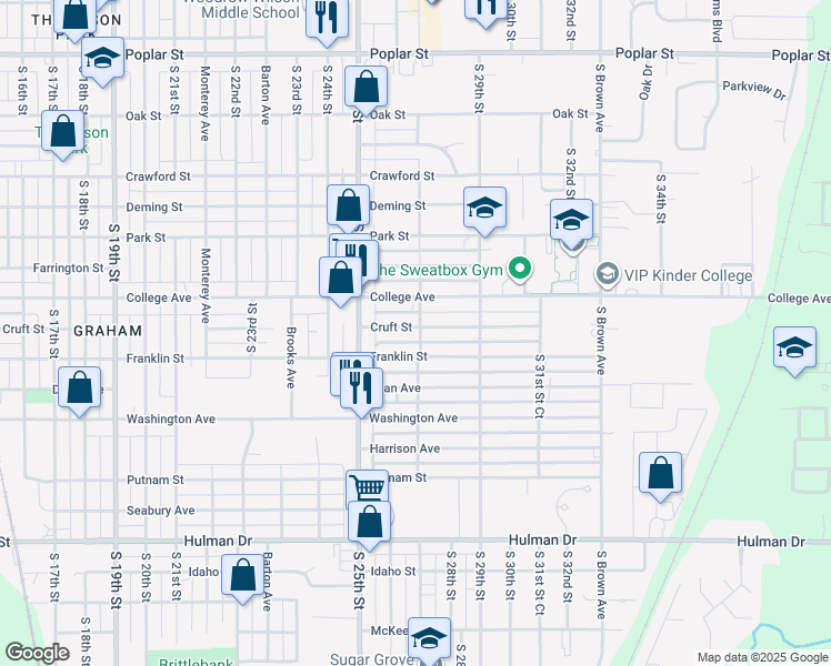 map of restaurants, bars, coffee shops, grocery stores, and more near 2625 Cruft Street in Terre Haute