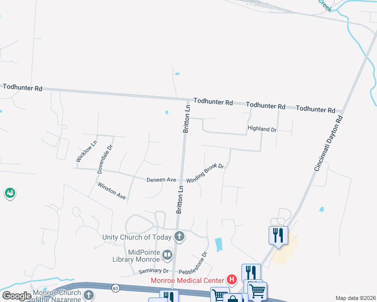 map of restaurants, bars, coffee shops, grocery stores, and more near 638 Britton Lane in Monroe