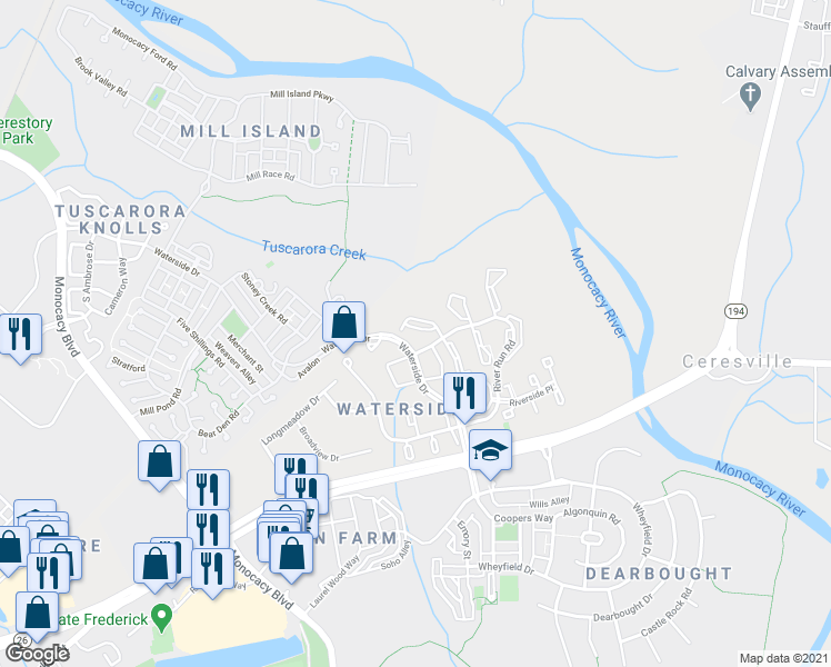map of restaurants, bars, coffee shops, grocery stores, and more near 8253 Waterside Court in Frederick