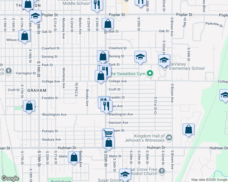 map of restaurants, bars, coffee shops, grocery stores, and more near 2511 Cruft Street in Terre Haute
