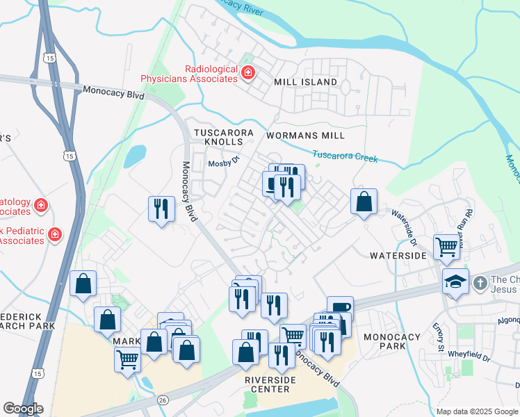 map of restaurants, bars, coffee shops, grocery stores, and more near 2594 Bear Den Road in Frederick
