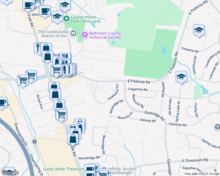 map of restaurants, bars, coffee shops, grocery stores, and more near 2430 Chetwood Circle in Timonium