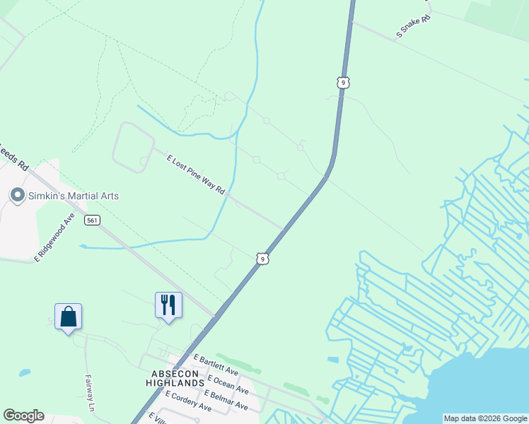map of restaurants, bars, coffee shops, grocery stores, and more near 627 East Lost Pine Way Road in Galloway
