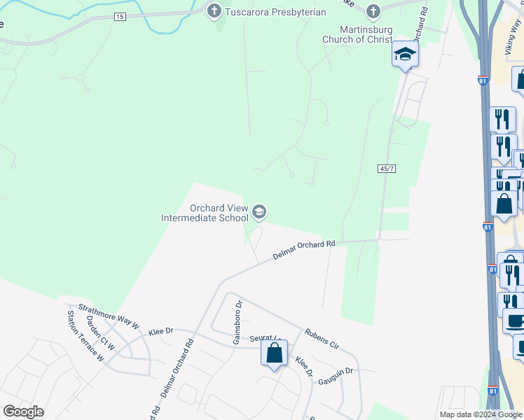 map of restaurants, bars, coffee shops, grocery stores, and more near 1455 Delmar Orchard Road in Martinsburg