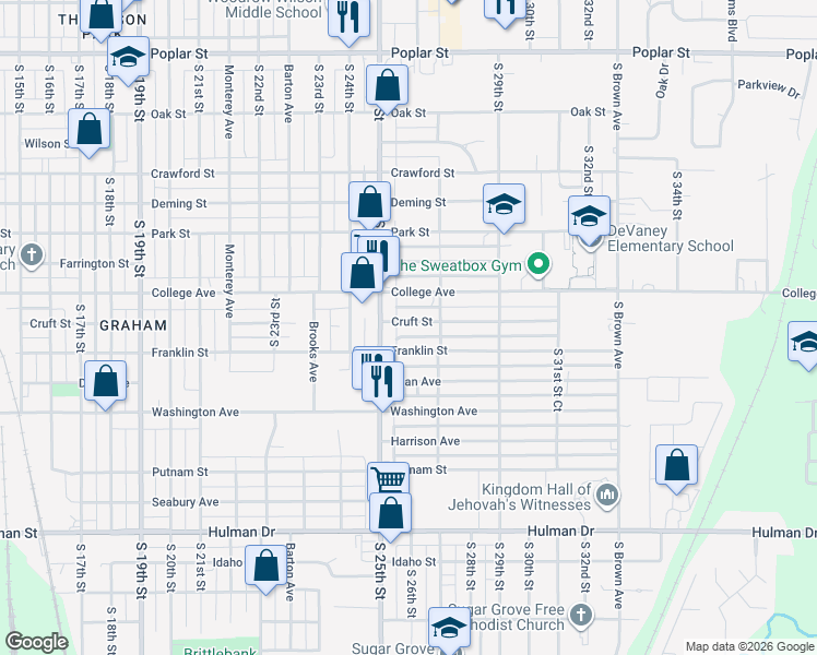 map of restaurants, bars, coffee shops, grocery stores, and more near 2511 Cruft Street in Terre Haute