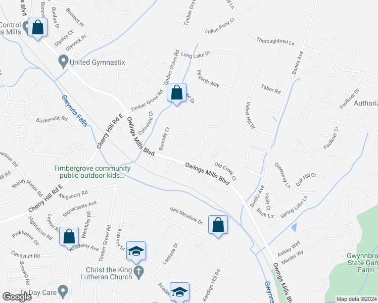 map of restaurants, bars, coffee shops, grocery stores, and more near 12 High Mill Court in Owings Mills