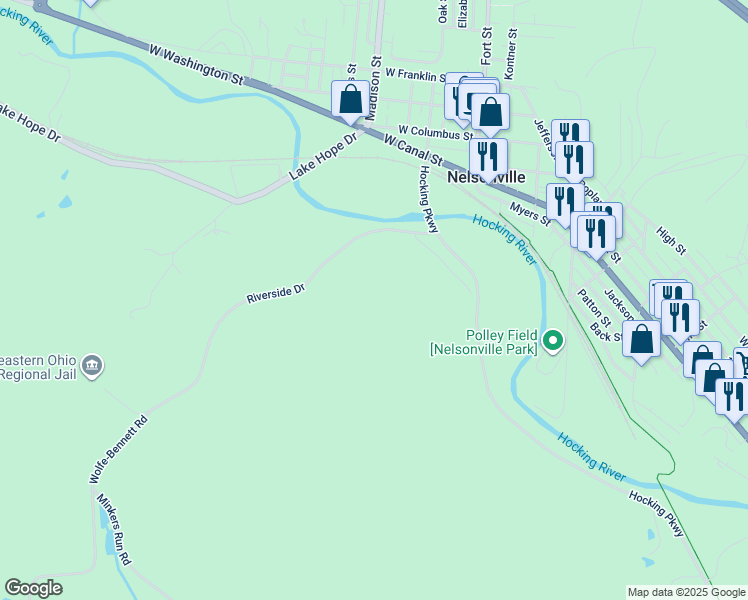 map of restaurants, bars, coffee shops, grocery stores, and more near in Nelsonville