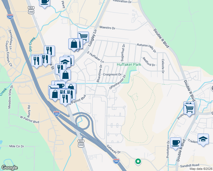map of restaurants, bars, coffee shops, grocery stores, and more near 419 Barclay Court in Reno