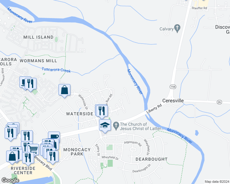 map of restaurants, bars, coffee shops, grocery stores, and more near 8027 Admiralty Place in Frederick