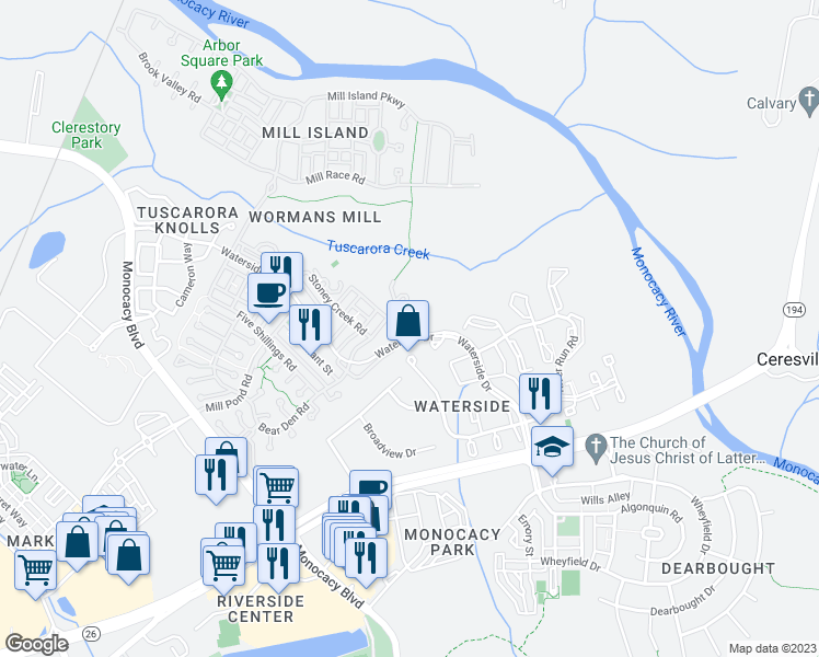 map of restaurants, bars, coffee shops, grocery stores, and more near 2400 Rippling Brook Road in Frederick