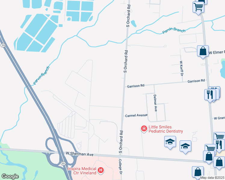 map of restaurants, bars, coffee shops, grocery stores, and more near 2254 South Orchard Road in Vineland