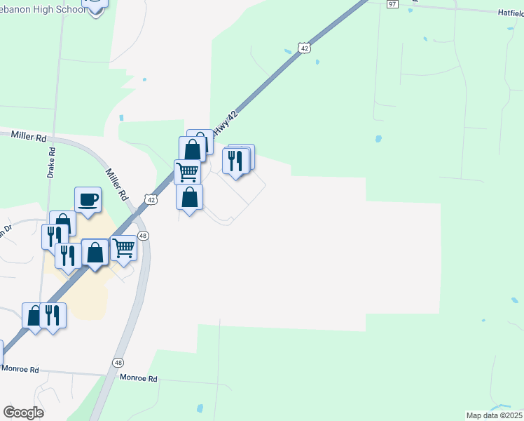 map of restaurants, bars, coffee shops, grocery stores, and more near 1560 North Us Route 42 in Lebanon