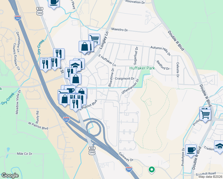 map of restaurants, bars, coffee shops, grocery stores, and more near 419 Barclay Court in Reno