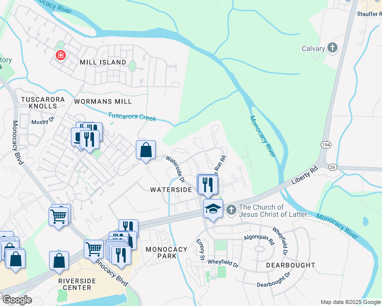 map of restaurants, bars, coffee shops, grocery stores, and more near 8298 Waterside Court in Frederick