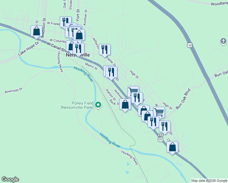 map of restaurants, bars, coffee shops, grocery stores, and more near 532 Patton Street in Nelsonville
