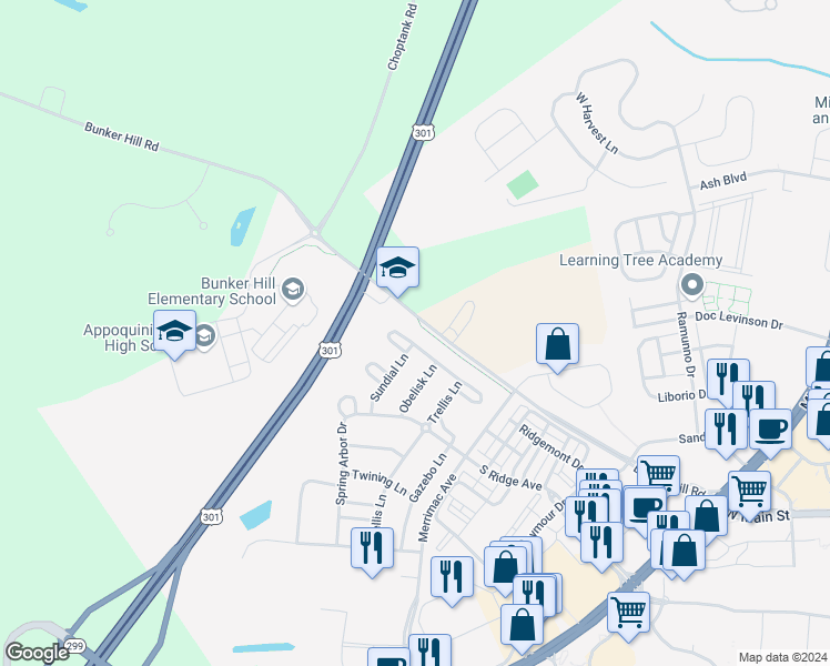 map of restaurants, bars, coffee shops, grocery stores, and more near 79 Lattice Lane in Middletown