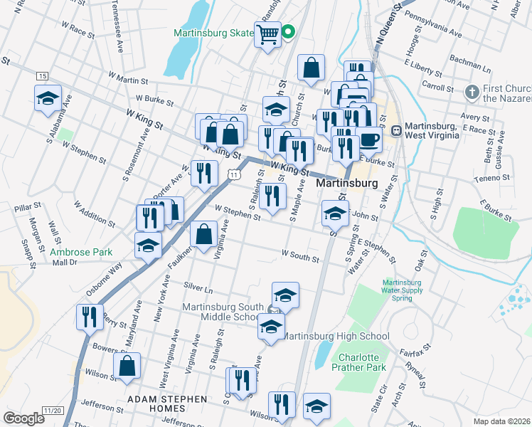 map of restaurants, bars, coffee shops, grocery stores, and more near 400 West Stephen Street in Martinsburg