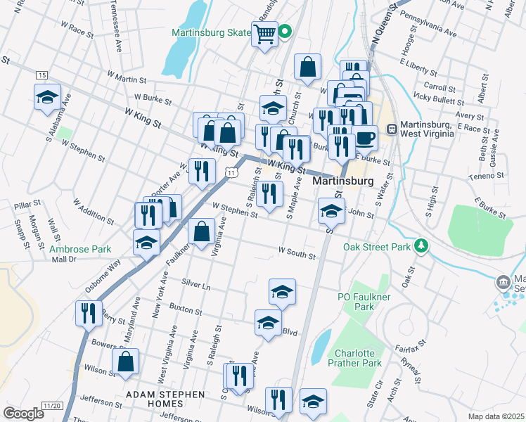 map of restaurants, bars, coffee shops, grocery stores, and more near 400 West Stephen Street in Martinsburg