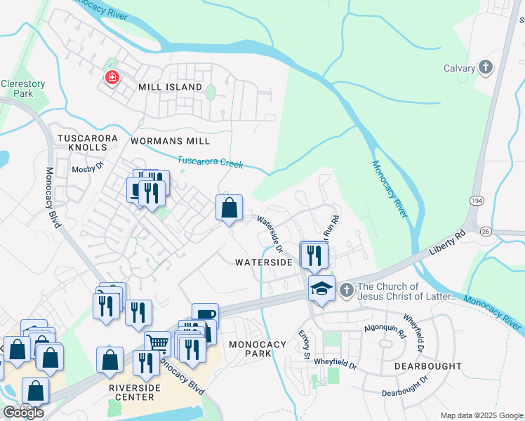 map of restaurants, bars, coffee shops, grocery stores, and more near 8265 Waterside Court in Frederick