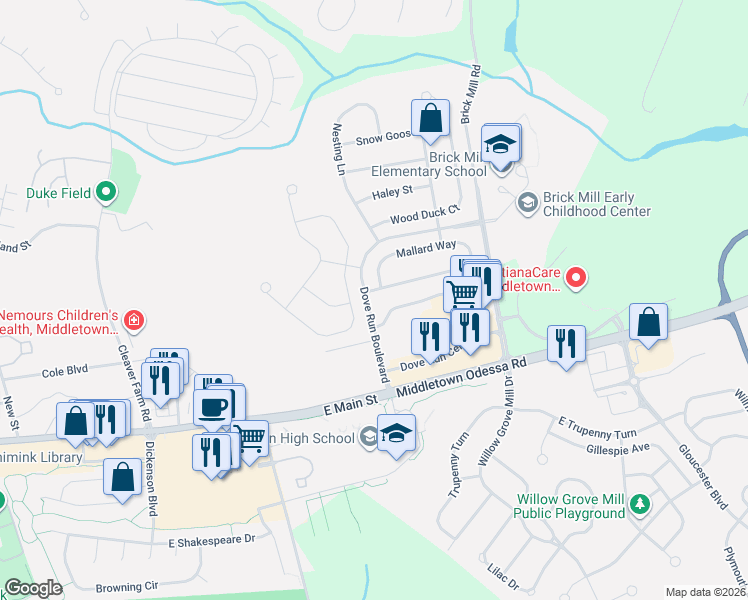 map of restaurants, bars, coffee shops, grocery stores, and more near 114 Dove Run Centre Drive in Middletown