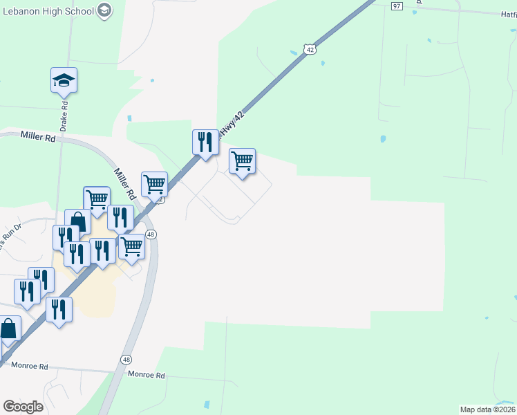 map of restaurants, bars, coffee shops, grocery stores, and more near 1525 Genntown Drive in Lebanon