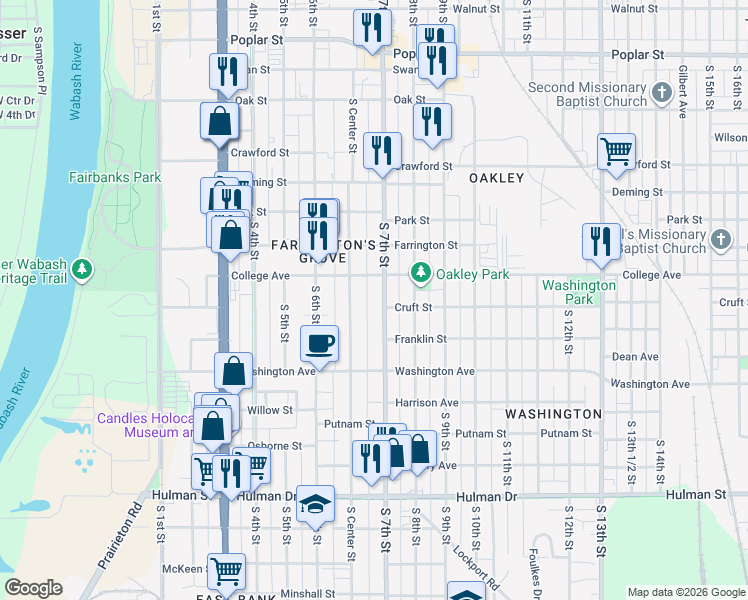map of restaurants, bars, coffee shops, grocery stores, and more near 1136 South Center Street in Terre Haute