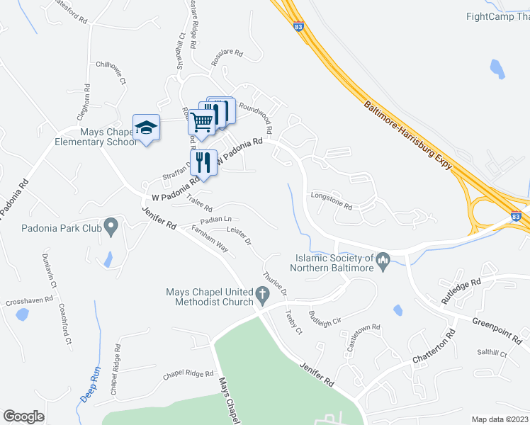 map of restaurants, bars, coffee shops, grocery stores, and more near 12011 Tralee Road in Timonium