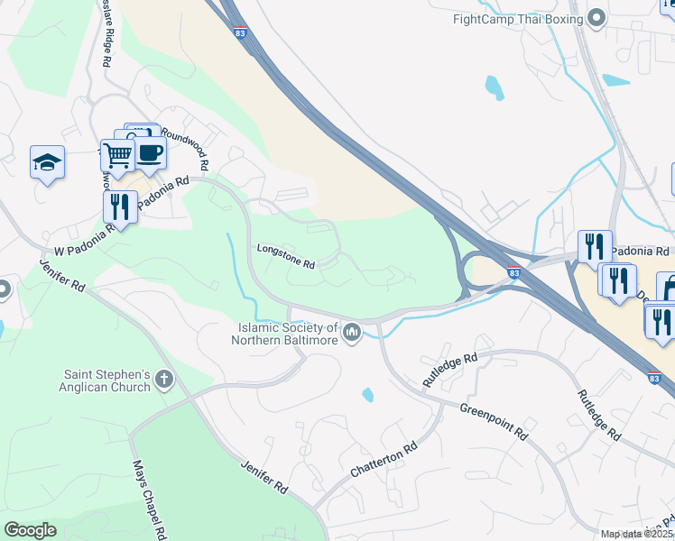 map of restaurants, bars, coffee shops, grocery stores, and more near 9 Boyne Court in Lutherville-Timonium
