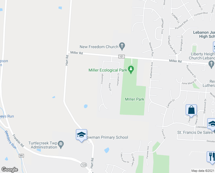 map of restaurants, bars, coffee shops, grocery stores, and more near 919 Pond Court in Lebanon