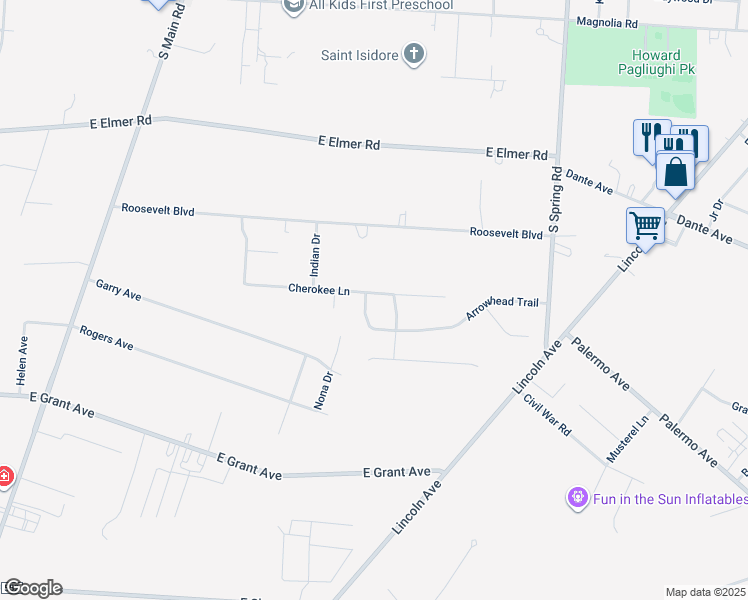 map of restaurants, bars, coffee shops, grocery stores, and more near 1599 Cherokee Lane in Vineland