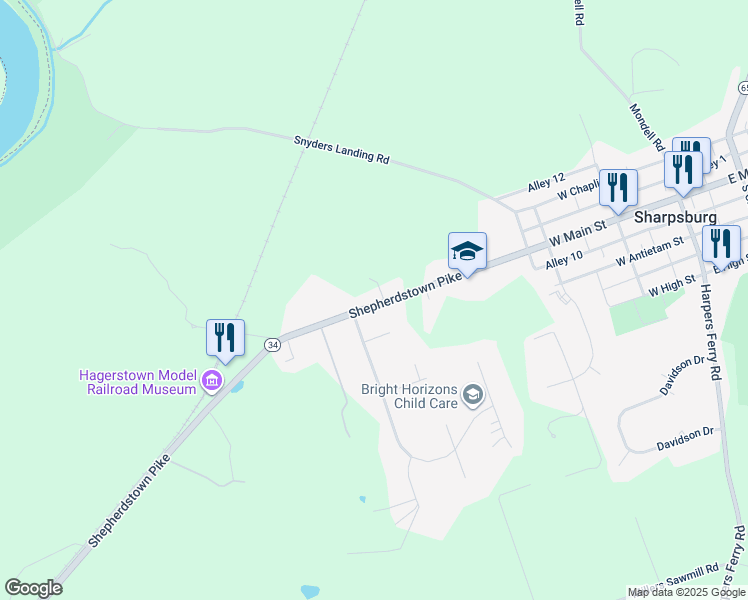 map of restaurants, bars, coffee shops, grocery stores, and more near 17412 Maryland 34 in Sharpsburg