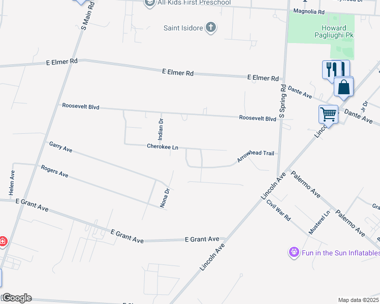 map of restaurants, bars, coffee shops, grocery stores, and more near 1599 Cherokee Lane in Vineland