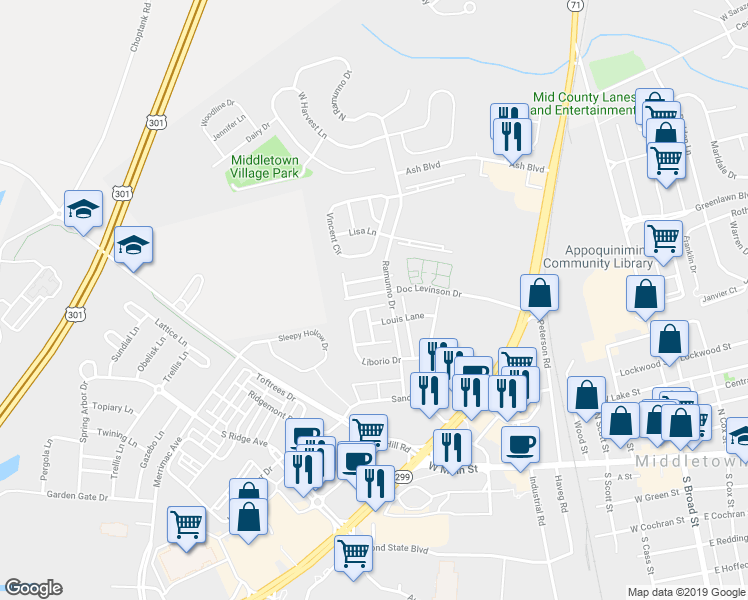 map of restaurants, bars, coffee shops, grocery stores, and more near 110 Liborio Drive in Middletown
