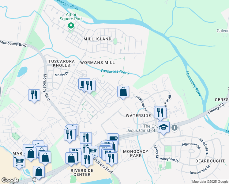 map of restaurants, bars, coffee shops, grocery stores, and more near 2234 Bear Den Road in Frederick