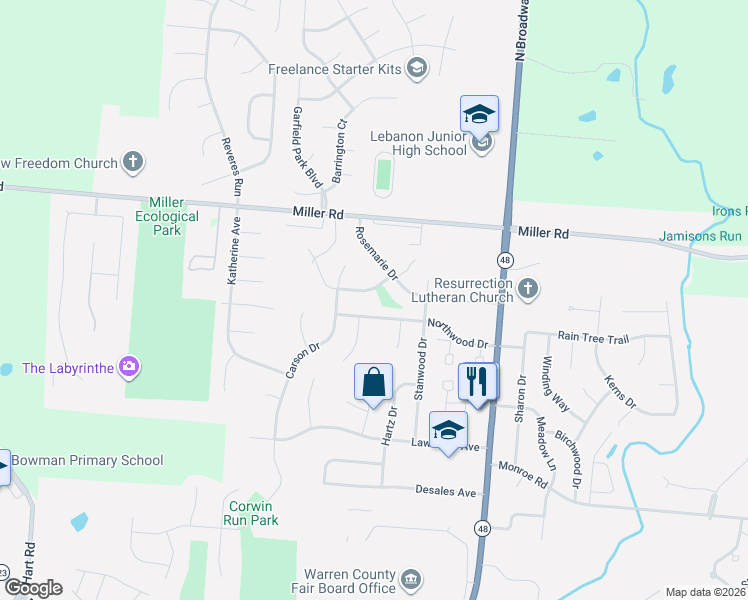 map of restaurants, bars, coffee shops, grocery stores, and more near 206 Northwood Drive in Lebanon