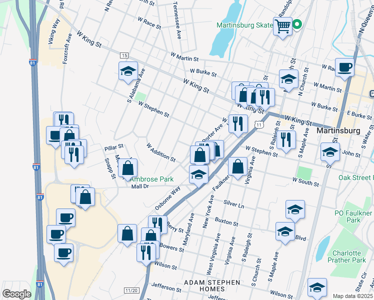 map of restaurants, bars, coffee shops, grocery stores, and more near 505 South Kentucky Avenue in Martinsburg