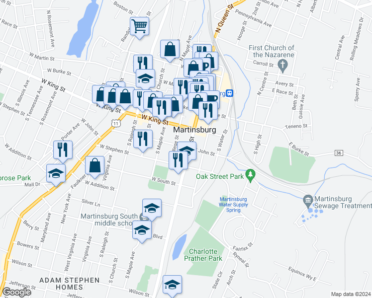 map of restaurants, bars, coffee shops, grocery stores, and more near 105 West John Street in Martinsburg