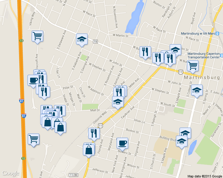 map of restaurants, bars, coffee shops, grocery stores, and more near 505 South Kentucky Avenue in Martinsburg