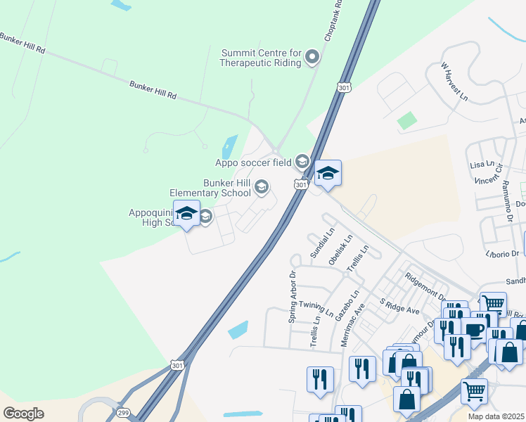 map of restaurants, bars, coffee shops, grocery stores, and more near 1070 Bunker Hill Road in Middletown