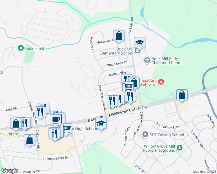 map of restaurants, bars, coffee shops, grocery stores, and more near 107 Mallard Way in Middletown