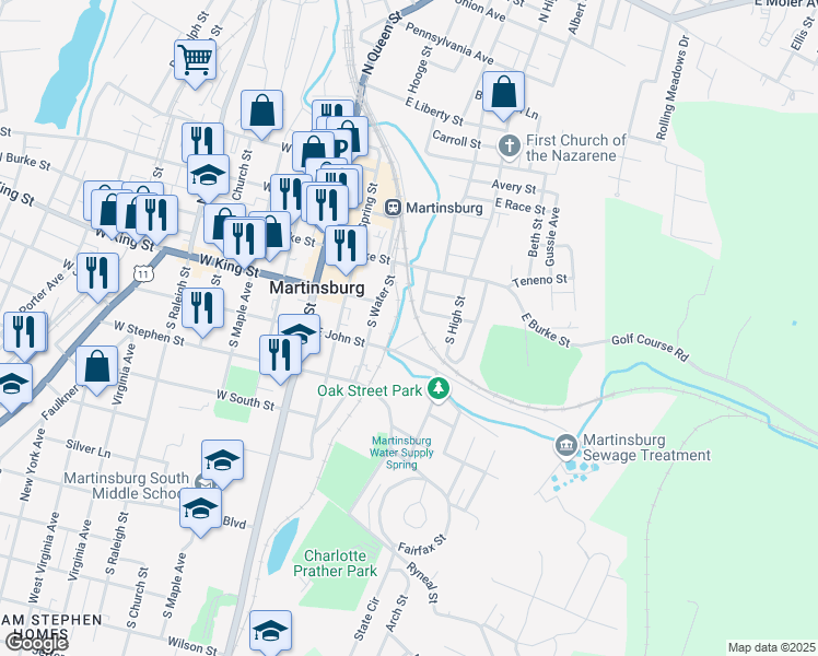 map of restaurants, bars, coffee shops, grocery stores, and more near 309 East John Street in Martinsburg