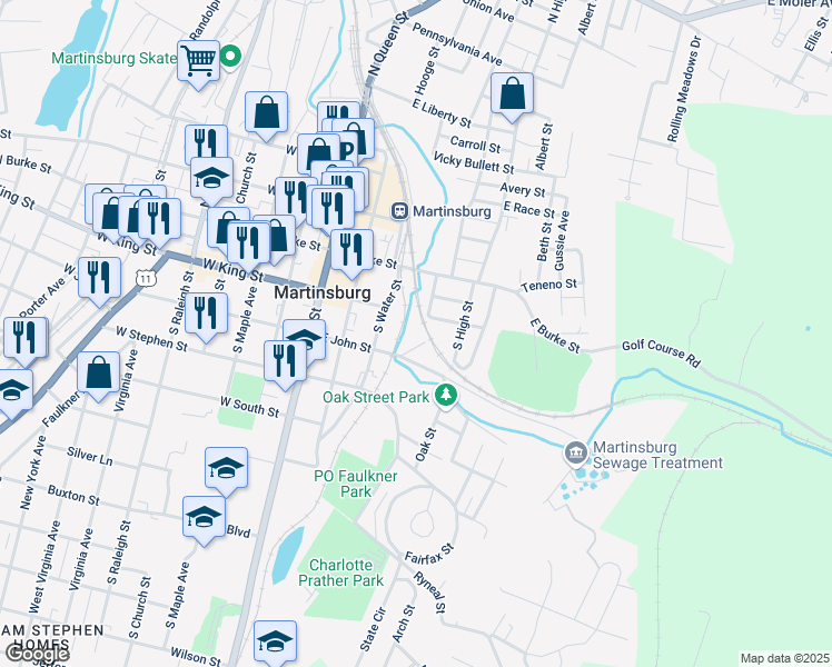 map of restaurants, bars, coffee shops, grocery stores, and more near 309 East John Street in Martinsburg
