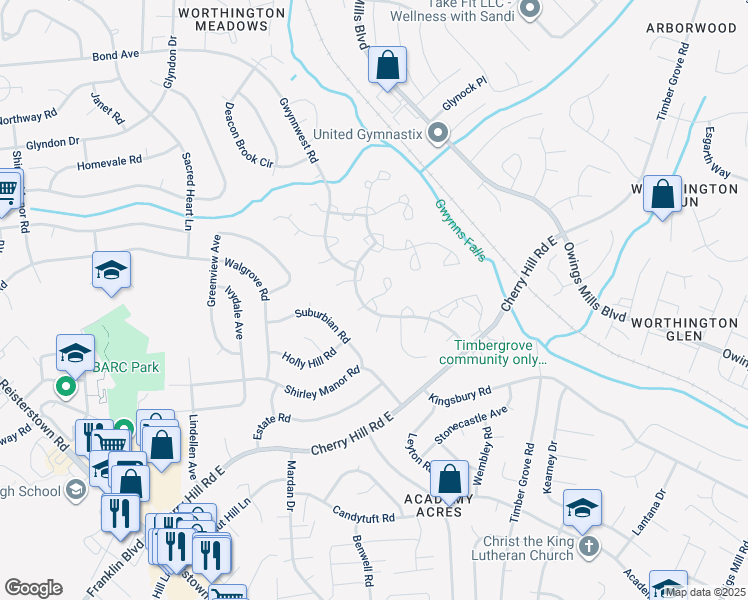 map of restaurants, bars, coffee shops, grocery stores, and more near 8 Tattersaul Court in Reisterstown