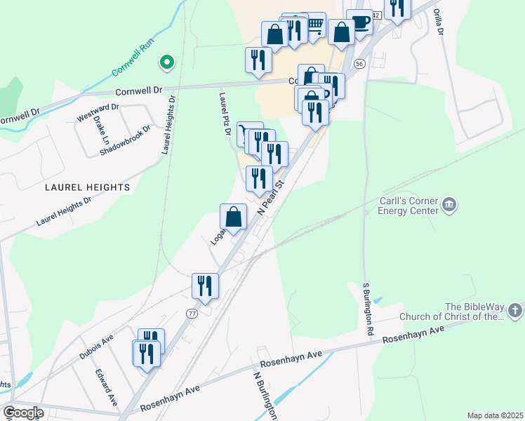map of restaurants, bars, coffee shops, grocery stores, and more near 874 North Pearl Street in Bridgeton