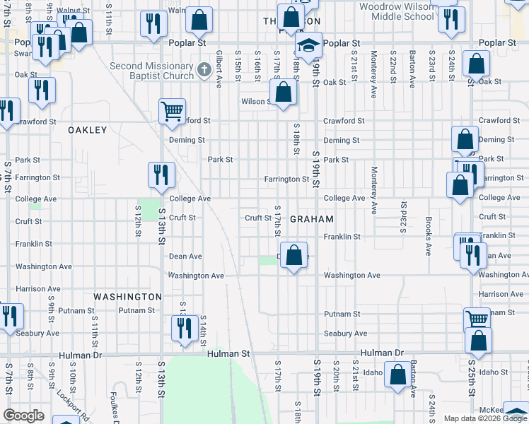 map of restaurants, bars, coffee shops, grocery stores, and more near 1200 South 16th Street in Terre Haute