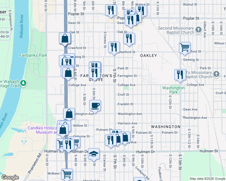 map of restaurants, bars, coffee shops, grocery stores, and more near 709 Cruft Street in Terre Haute