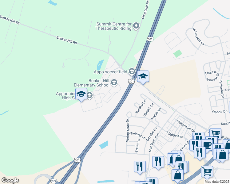 map of restaurants, bars, coffee shops, grocery stores, and more near 1070 Bunker Hill Road in Middletown