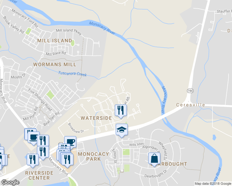 map of restaurants, bars, coffee shops, grocery stores, and more near 8641 Parkland Place in Frederick