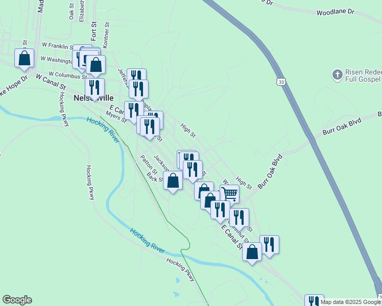 map of restaurants, bars, coffee shops, grocery stores, and more near 638 Chestnut Street in Nelsonville