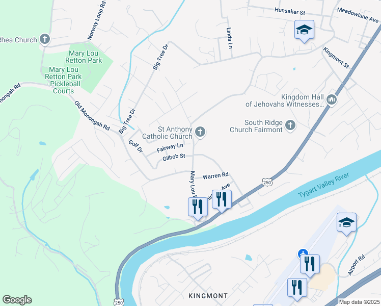 map of restaurants, bars, coffee shops, grocery stores, and more near 1681 Mary Lou Retton Dr in Fairmont